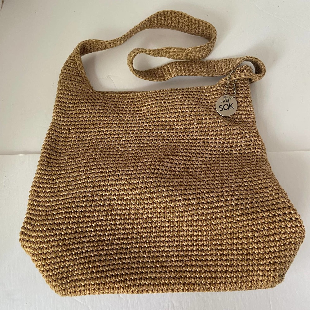 The Sak Crocheted Purse Bag Shoulder Tan Snap Closure